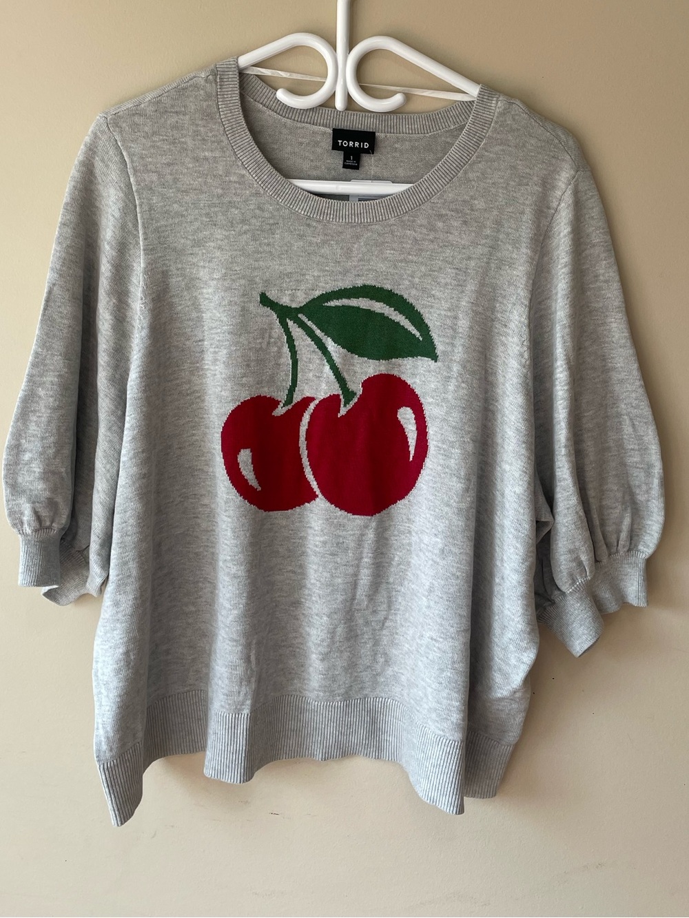 Torrid Gray Sweater with Red Cherry Motif, mid length sleeves